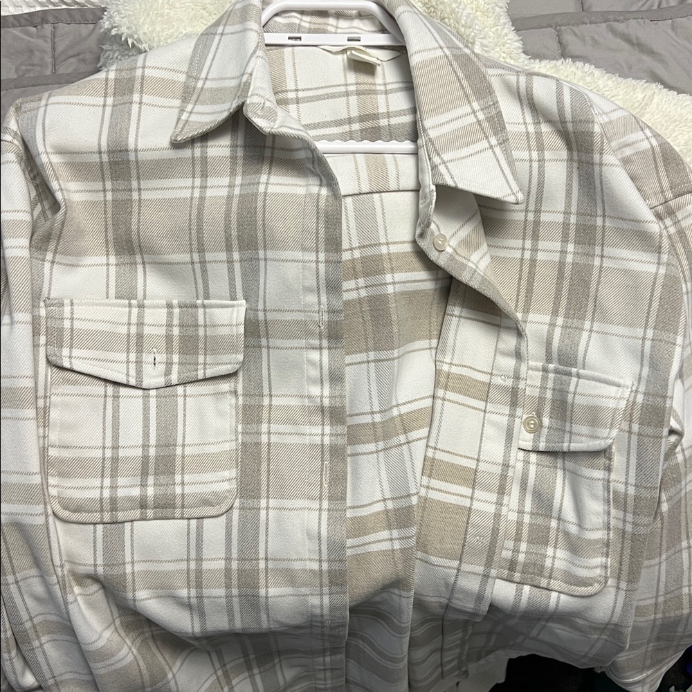 Beige and White Plaid Overshirt